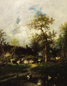 Farm House Near A Pond by Jules Dupre