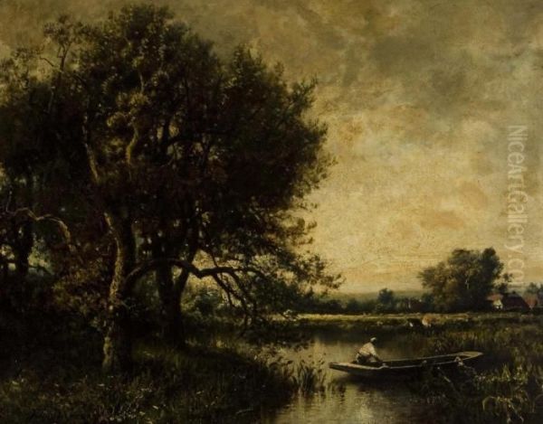 A Figure Punting Along The Riverbank. by Jules Dupre