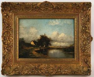Chaumiere Et Personnage Au Bord De L'etang by Jules Dupre
