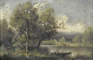 Flussuferpartie Mit Figur In Boot. by Jules Dupre