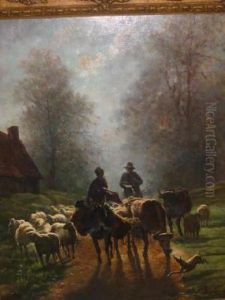 Moonlit Lane With Drovers And Animals