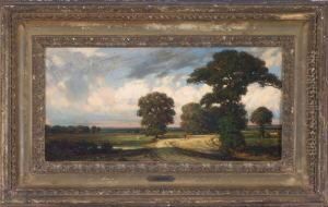 Abendstimmung In Weiter Baumbestandener Landschaft Mit Reisenden Auf Der Landstrase by Jules Dupre
