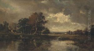 A Washerwoman Before A Riverside Cottage by Jules Dupre