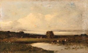 Cows And Peasants By A River by Jules Dupre