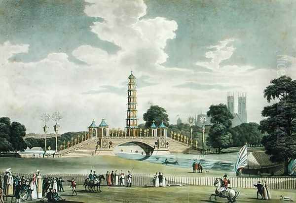 View of the Bridge and Pagoda, St. Jamess Park, Erected for the Grand Jubilee, In Celebration of the Peace, engraved by J. R. Hamble, 1814 - view 1