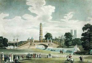 View of the Bridge and Pagoda, St. Jamess Park, Erected for the Grand Jubilee, In Celebration of the Peace, engraved by J. R. Hamble, 1814