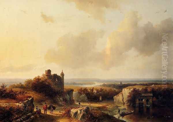 AnExtensive River Landscape With Travellers On A Path And A Castle In Ruins In The Distance - view 1