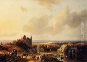AnExtensive River Landscape With Travellers On A Path And A Castle In Ruins In The Distance by Barend Cornelis Koekkoek