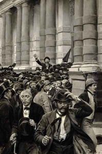 The Rush from the New York Stock Exchange on September 18, 1873, from A History of the Last Quarter Century' by E. Benjamin Andrews, published in Scribners Magazine, July 1895 by Howard Pyle