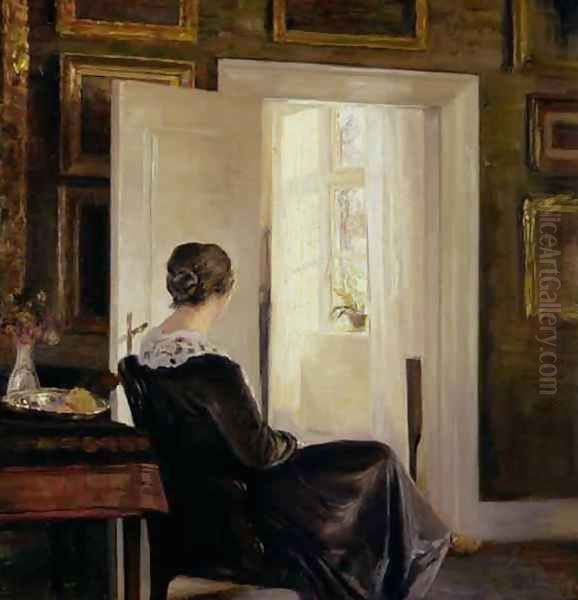 A woman seated near a door - view 1
