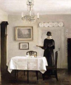 Interior with Lady Carrying Tray by Carl Vilhelm Holsoe