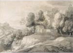 Wooded Landscape With Figures On A Pathway And Buildings Beyond by Thomas Gainsborough