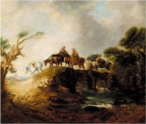 Open Landscape With Riders And Packhorses Crossing A Bridge Open Landscape With Riders And Packhorses Crossing A Bridge
