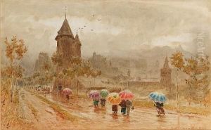 Sion, Valley Of The Rhone, A
Rainy Townscape With Umbrellas, Signed With Monogram, Indistinctly Dated
And Inscribed by Albert Goodwin
