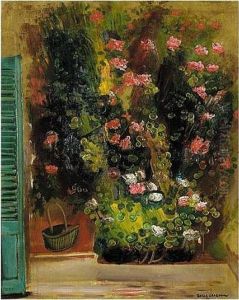 Still Life With Flowers And Green Shutters by Boris Dmitrievich Grigoriev