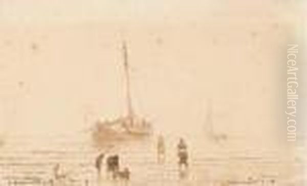 Un Paysage Maritime Avec Des Pecheurs Sur La Greve - view 1