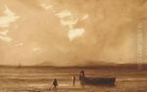 Un Bord De Mer Avec Une Barque Et Des Personnages, Des Montagnes Dans Le Fond Un Bord De Mer Avec Une Barque Et Des Personnages, Des Montagnes Dans Le Fond