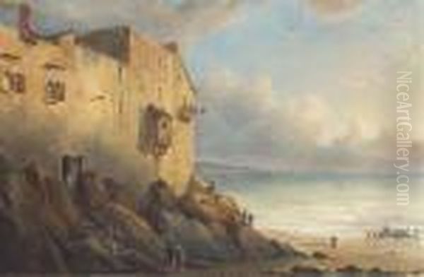 Un Paysage De Bord De Mer Avec Des Maisons A Gauche Et Deux Barquesen Contre-bas - view 1