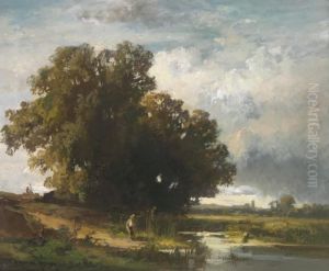 Abendliche Landschaft Mit Teich Vor Malerischer Baumgruppe by Fritz Halberg-Krauss