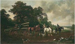 Timber Wagon Crossing The Ford by John Frederick Herring Snr