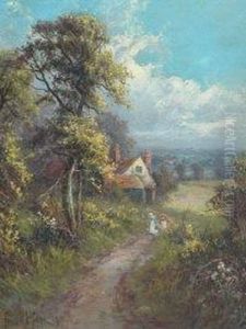 Sunset With Shepherd And Flock And Children On A Pathway Near A Cottage