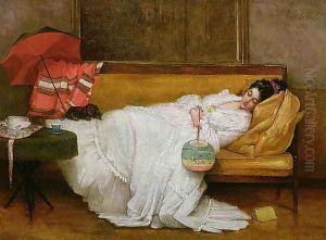 Girl in a white dress resting on a sofa by Alfred Stevens