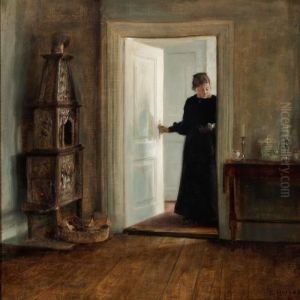 Interior With A Woman Carrying A Tray Though A Sun Lit Doorway