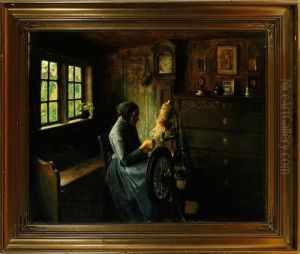 Rural Interior With An Old Woman By The Spinning Wheel by Carl Vilhelm Holsoe