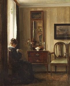 An Interior With The Artist's Wife At Her Needlework by Carl Vilhelm Holsoe