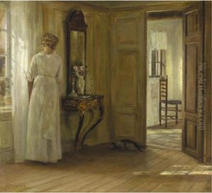 Interieur Med Kvinde Og Kat (interior With A Lady And A Cat) by Carl Vilhelm Holsoe