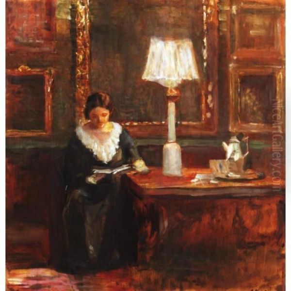 Lady Reading By A Lamp - view 1
