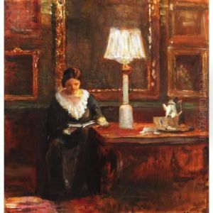 Lady Reading By A Lamp by Carl Vilhelm Holsoe