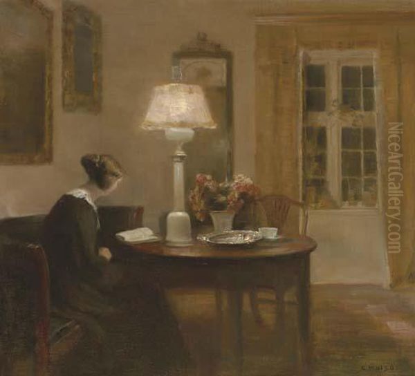 Woman Reading By Lamplight - view 1