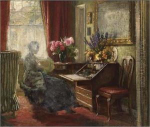 An Interior With A Woman Behind A Writing Table by Carl Vilhelm Holsoe