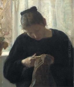 A Woman At Her Needlework by Carl Vilhelm Holsoe