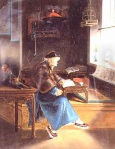 A Chinaman reading in his study by Lam Qua