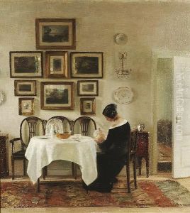 Mother And Child In A Dining Room Interior by Carl Vilhelm Holsoe