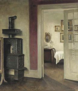 An Interior With A Stove And A View Into A Dining Room