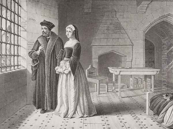 Sir Thomas More 1477-1535 and his daughter Margaret observing monks going to execution from his prison window from Illustrations of English and Scottish History Volume I - view 1
