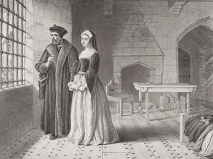 Sir Thomas More 1477-1535 and his daughter Margaret observing monks going to execution from his prison window from Illustrations of English and Scottish History Volume I Sir Thomas More 1477-1535 and his daughter Margaret observing monks going to execution from his prison window from Illustrations of English and Scottish History Volume I