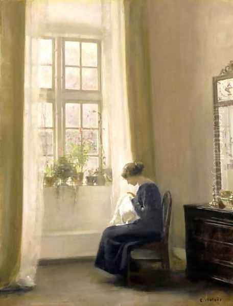A Girl Sewing in an Interior - view 1