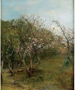 Bergeres Et Leur Troupeau Dans Un Verger Fleuri by Louis-Aime Japy