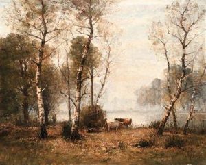 A Wooded River Landscape by Louis-Aime Japy