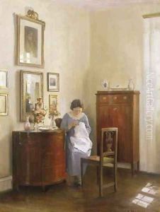 Interior with Lady Sewing