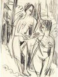 Two Female Nudes (#) Portrait Of A Woman by Ernst Ludwig Kirchner