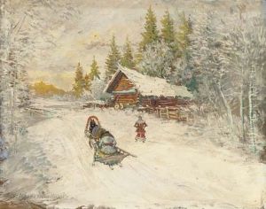 A Winter Scene With A Horse-drawn Sled by Konstantin Alexeievitch Korovin
