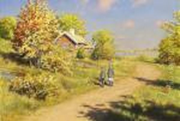 Pa Vag Till Skolan - Sommarlandskap Med Barn Vid Gard - view 1