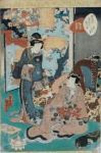 Samurai Und Geisha Vor Stellschirm by Gototei Kunisada