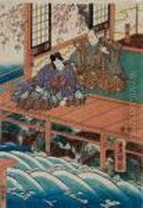 Shogun Und Samurai Am Wasserfall Unter Sakura-bluten