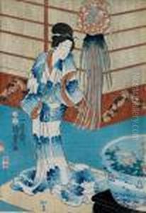 Geisha Auf Veranda Betrachtet Goldfische In Bemaltem Becken by Gototei Kunisada